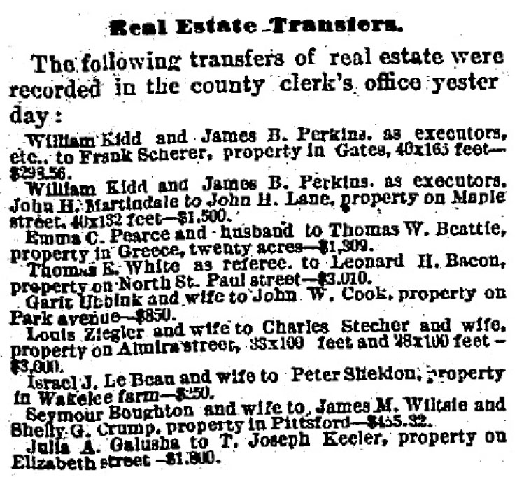 Rochester NY Real Estate sales January 1882